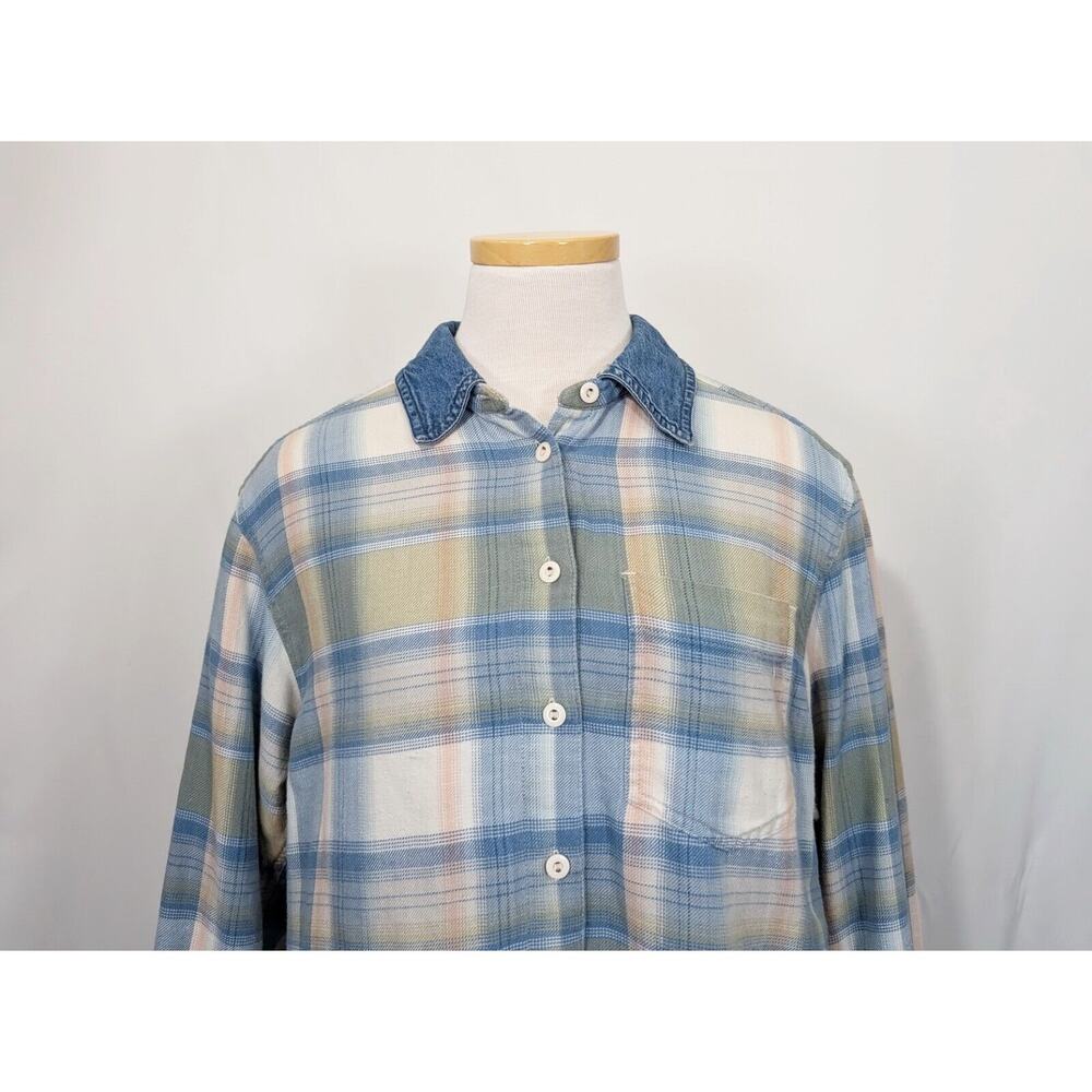 Vintage 90s Blouse Blue Pink Green Flannel Plaid Denim Collar Size Petite Small - Picture 2 of 7